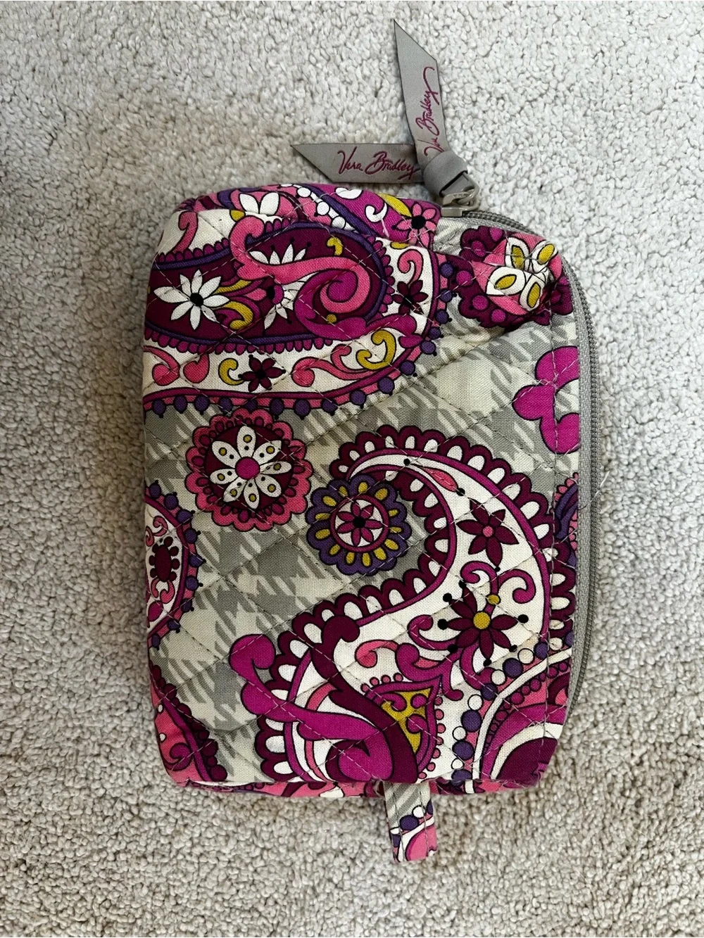 Vera Bradley Pink Paisley Quilted Cosmetic Pouch with Gray Background